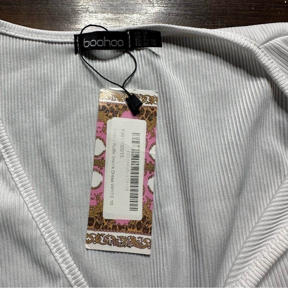 Boohoo White Ribbed Ruffle Smock Dress - Picture 5 of 5